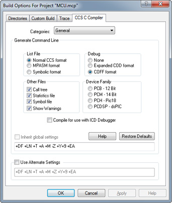 MCU MPLAB® IDE Project Options