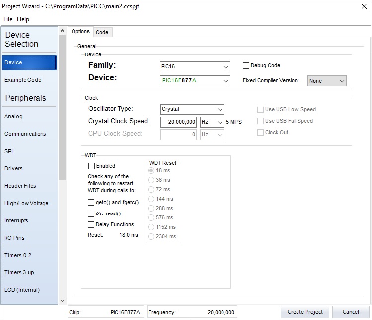 CCS IDE Project Wizard Options